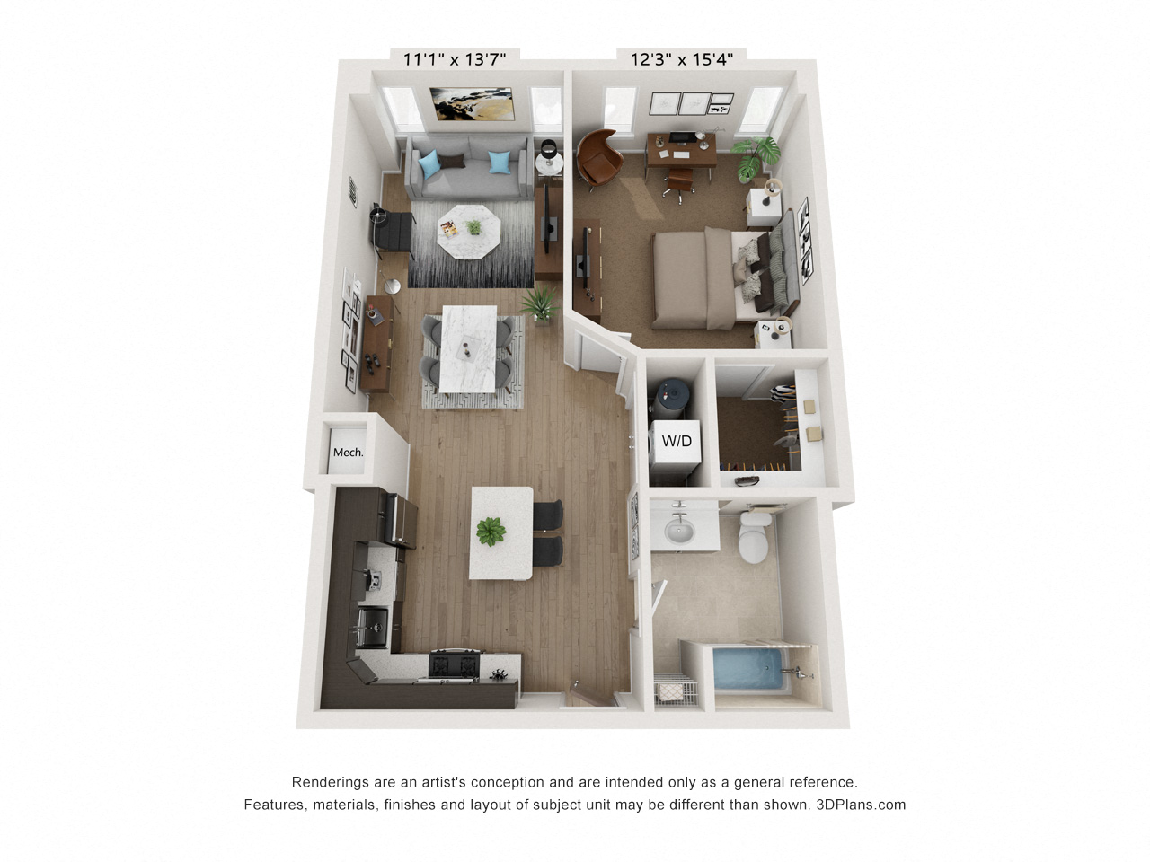 Floor plan for 1 bed, 1 bath, 768 sqft